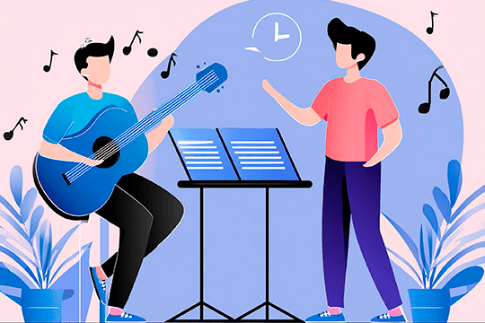 Kitaransoiton opettaja ja oppilas.